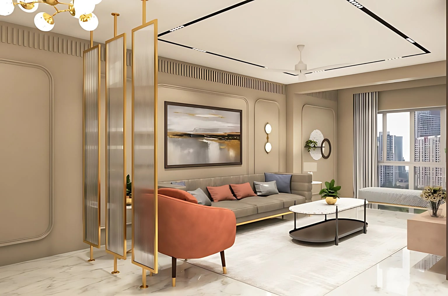 Raj Madhur Borivali residence with warm living room details